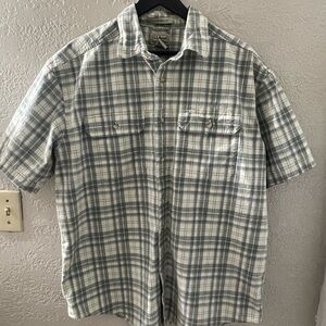 L.L. Bean Men's Olive White Checkered Short Sleeve Cotton Shirt Large Regular